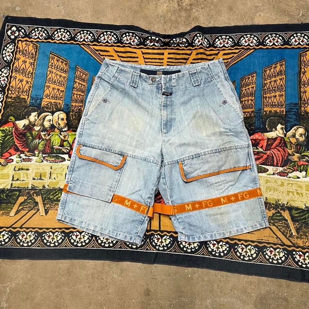 Marithe Francois Girbaud Jean shorts Size 36 12" inseam blue orange straps y2k